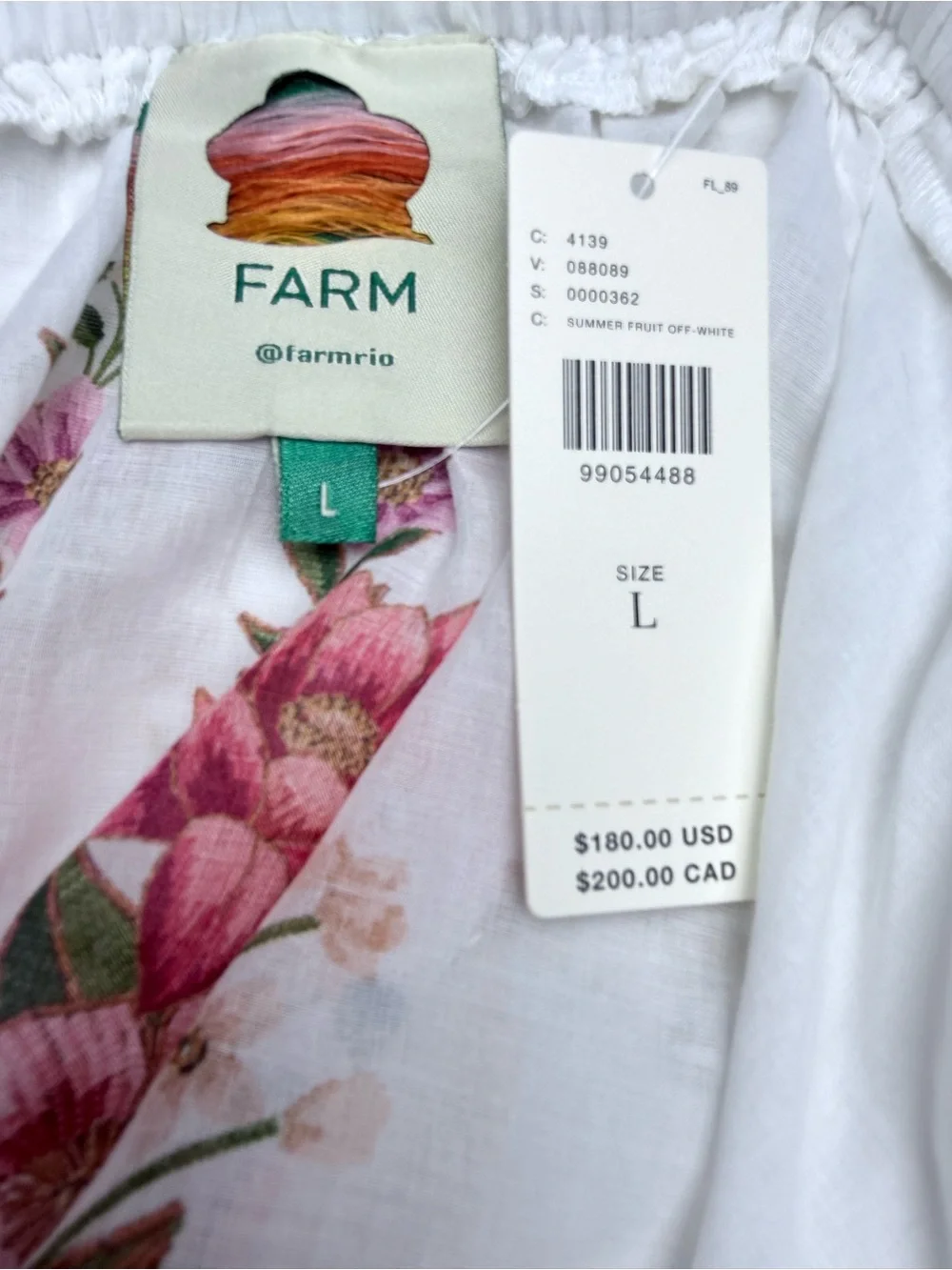 FARM Rio Summer Fruit Floral Puff Sleeve Blouse White L NWT $180